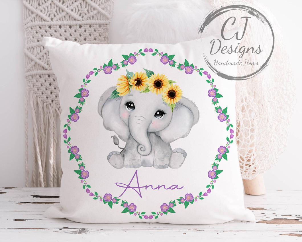 Personalised Elephant Cushion Floral Design with Sunflowers White Super soft Cushion Cover