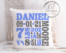 Load image into Gallery viewer, Personalised Cushion New Baby Birth Announcement Chistening Gift Keepsake White Canvas Cushion Cover Pink or Blue
