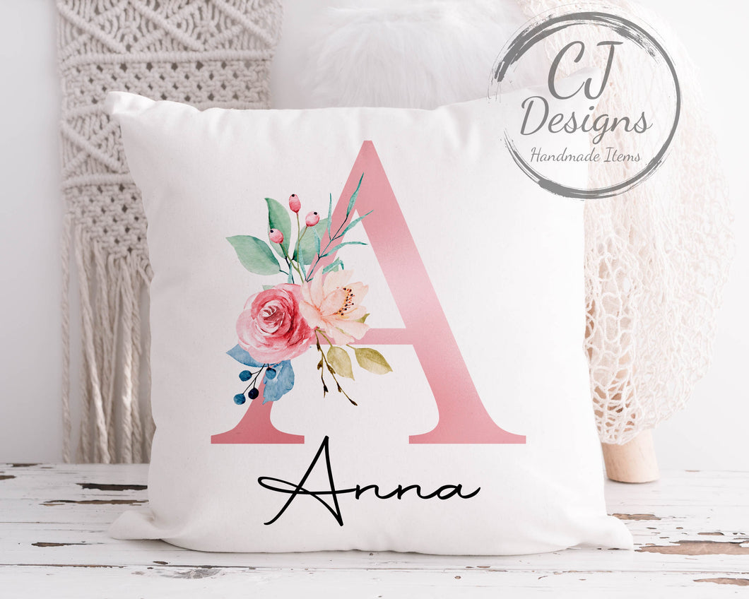 Personalised Initial & Name Cushion Cover Keepsake - Pink Floral Design White Canvas Birthday Gift