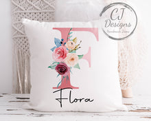 Load image into Gallery viewer, Personalised Initial &amp; Name Cushion Cover Keepsake - Pink Floral Design White Canvas Birthday Gift
