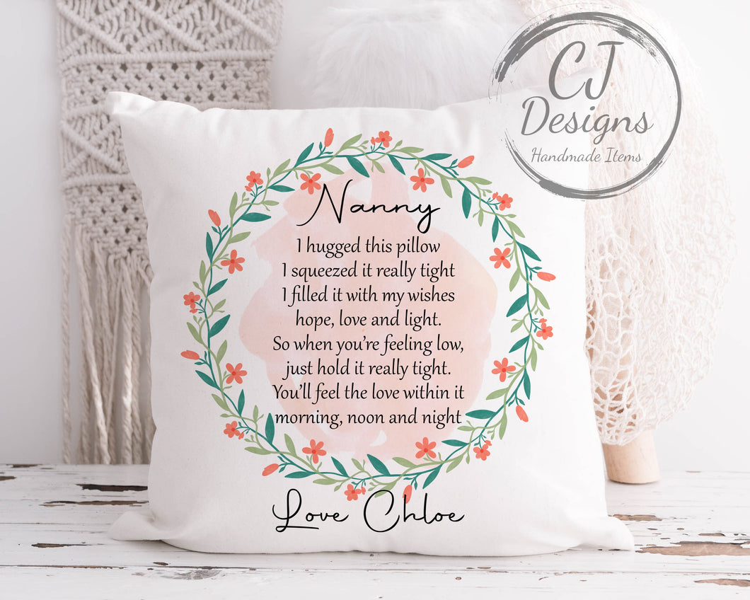 Personalised Nanny Hug Cushion - Orange & Green Floral Design Printed White Super soft- Hugs Quote- Grandma Granny-Nanna- Nannie