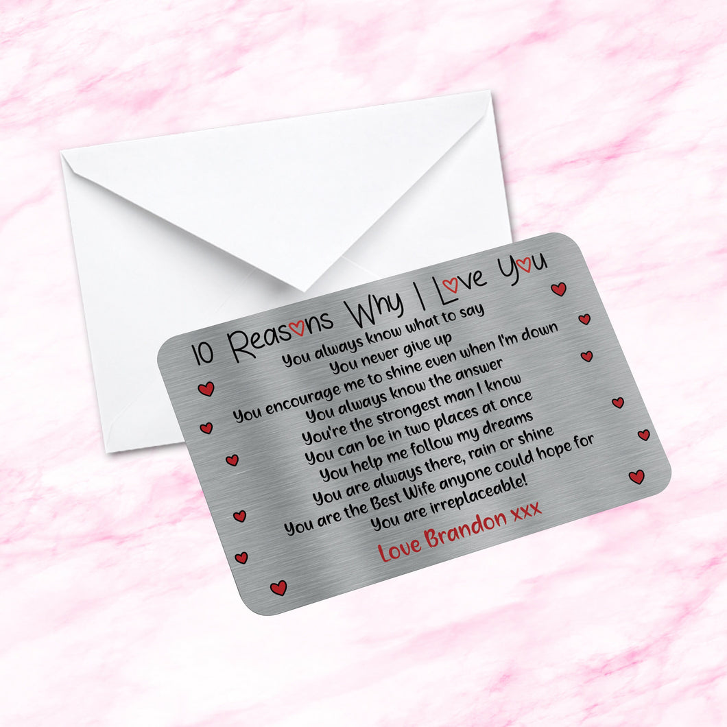 Personalised 10 Reasons Why I Love You Metal Wallet Card Sentimental Keepsake quote Fiance Gift Husband Wife Girlfriend Boyfriend
