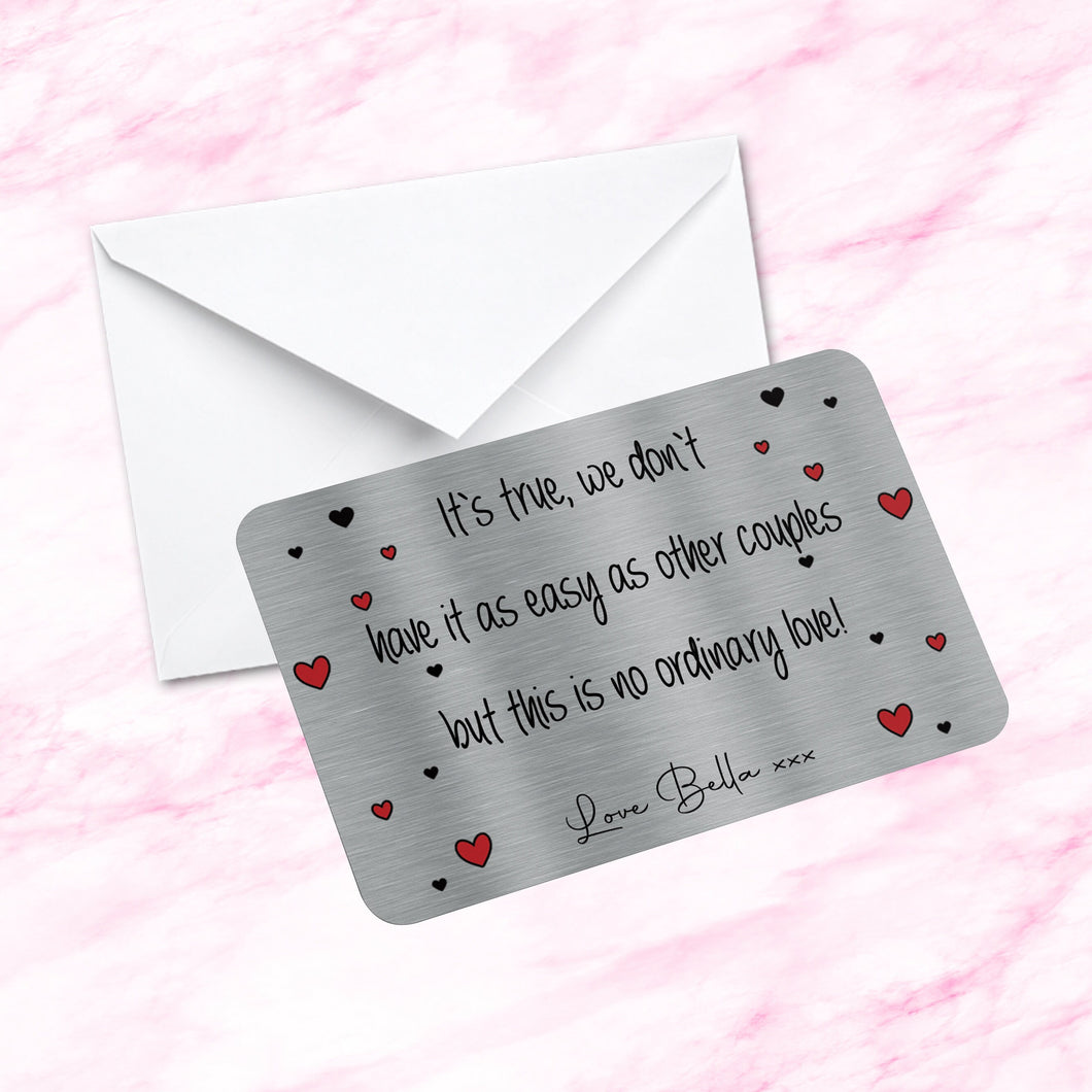 Personalised Sentimental Keepsake Metal Wallet Card  No Ordinary Love quote Fiance Gift Husband Wife Girlfriend Boyfriend
