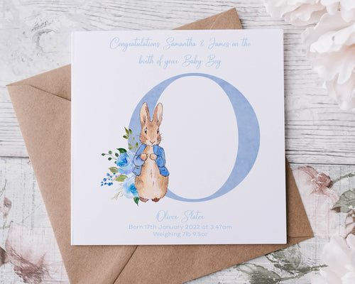 Personalised Peter Rabbit New Baby Boy Congratulations Card Pink or Blue