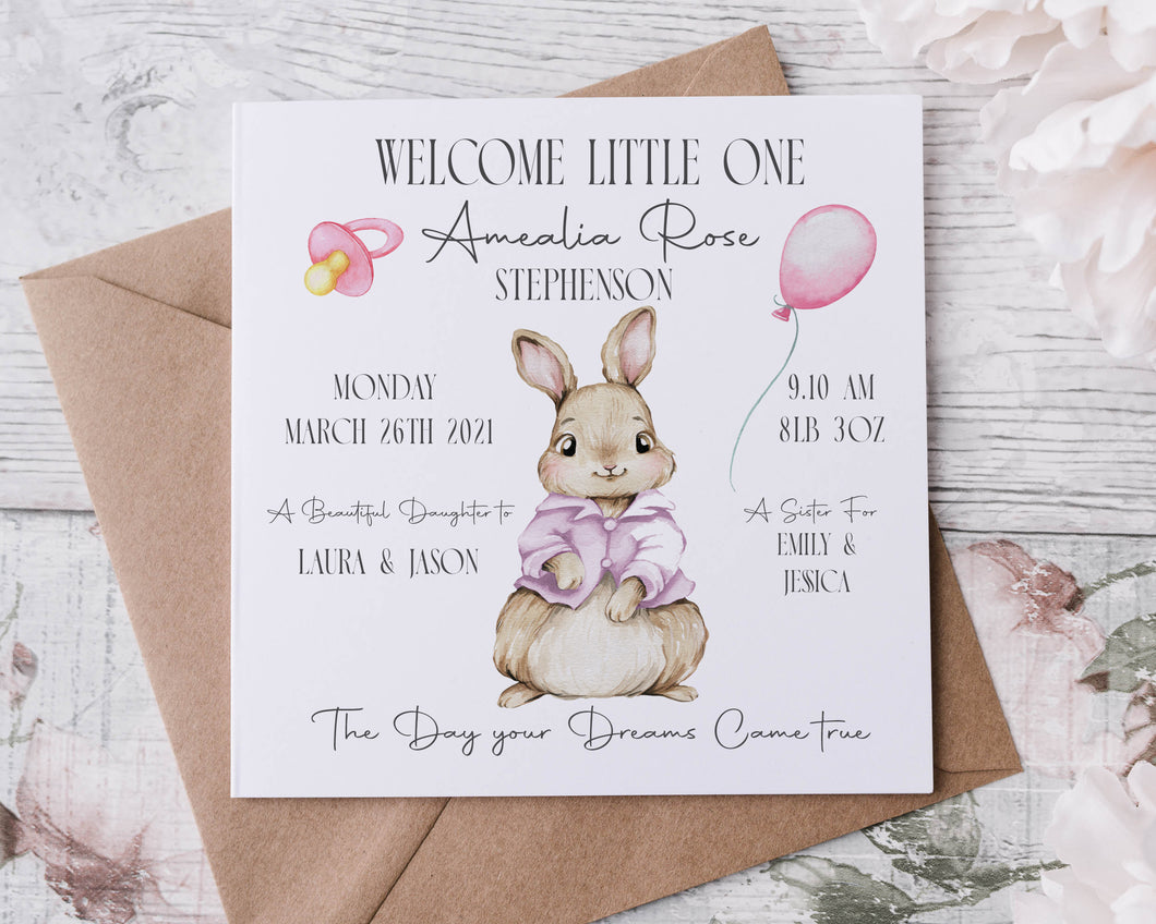 Personalised Pink Rabbit New Baby Girl/Boy Congratulations Baby Statistics Card Pink,  Blue, Purple or Green