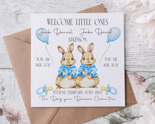 Load image into Gallery viewer, Personalised Twin Baby Girl and Boy  Rabbit New Baby Boy/Girl Congratulations Baby Statistics Card Pink and Blue
