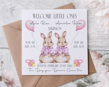 Load image into Gallery viewer, Personalised Twin Baby Boys Rabbit New Baby Boy/Girl Congratulations Baby Statistics Card Pink and Blue
