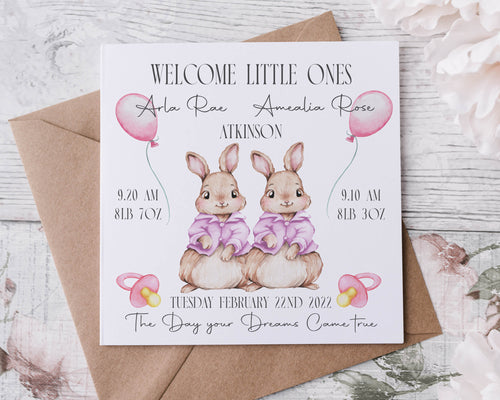 Personalised Twin Baby Girls Rabbit New Baby Boy/Girl Congratulations Baby Statistics Card Pink and Blue