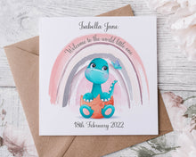 Load image into Gallery viewer, Personalised Cute Dinosaur New Baby Boy/Girl Congratulations Card Pink or Green
