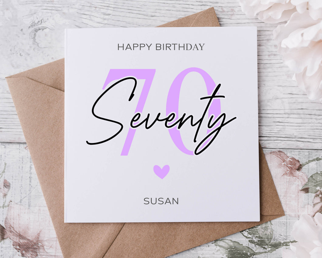 Personalised 70th Birthday Card,  Age & Name Birthday Card  Pink, Blue or Purple 16th, 18th, 21st, 30th, 40th, 50th, 60th 70th