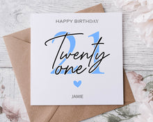 Load image into Gallery viewer, Personalised 21st Birthday Card,  Age &amp; Name Birthday Card  Pink, Blue or Purple 16th, 18th, 21st, 30th, 40th, 50th, 60th 70th
