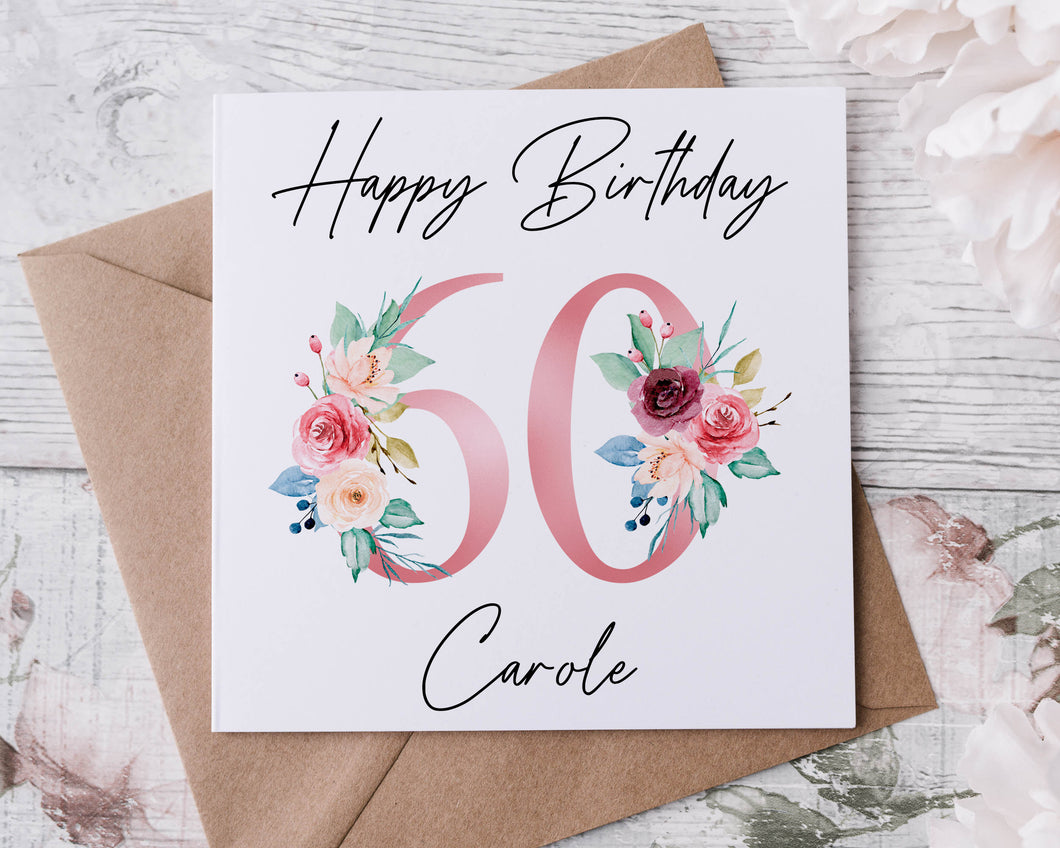 Personalised 60th Birthday Card Floral Design,  Age & Name Birthday Card for Her 40th, 50th 70th, 80th, 90th, 100th