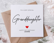 Load image into Gallery viewer, Personalised Granddaugher Birthday Card, Special Relative, Happy Birthday, Age Card For Him 16th, 21st, 30th, 40th,50th, Any Age &amp; Name
