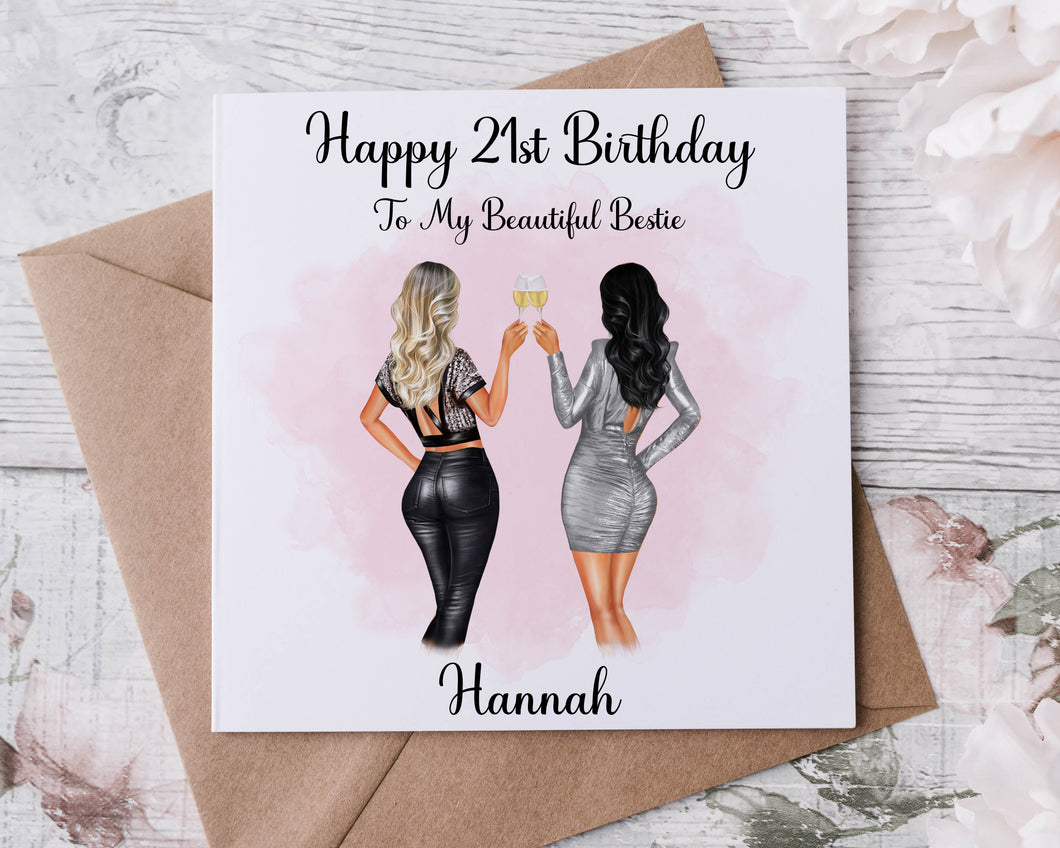Personalised Bestie 21st Birthday Card, You Choose Hair Style 20 to Choose From, Age and Name Card For Her, 18th, 21st, 30th, 40th