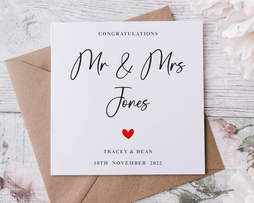 Personalised Wedding Card, With Names & Date, Mr and Mrs Card
