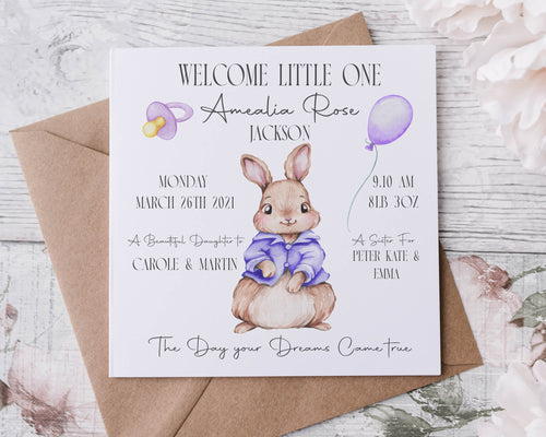 Personalised Purple Rabbit New Baby Girl/Boy Congratulations Baby Statistics Card Pink,  Blue, Purple or Green