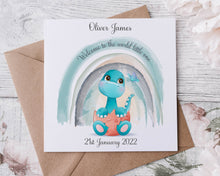 Load image into Gallery viewer, Personalised Cute Dinosaur New Baby Boy/Girl Congratulations Card Pink or Green
