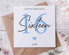 Load image into Gallery viewer, Personalised 18th Birthday Card,  Age &amp; Name Birthday Card  Pink, Blue or Purple 16th, 18th, 21st, 30th, 40th, 50th, 60th 70th
