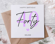 Load image into Gallery viewer, Personalised 21st Birthday Card,  Age &amp; Name Birthday Card  Pink, Blue or Purple 16th, 18th, 21st, 30th, 40th, 50th, 60th 70th
