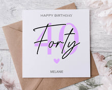 Load image into Gallery viewer, Personalised 16th Birthday Card,  Age &amp; Name Birthday Card  Pink, Blue or Purple 16th, 18th, 21st, 30th, 40th, 50th, 60th 70th
