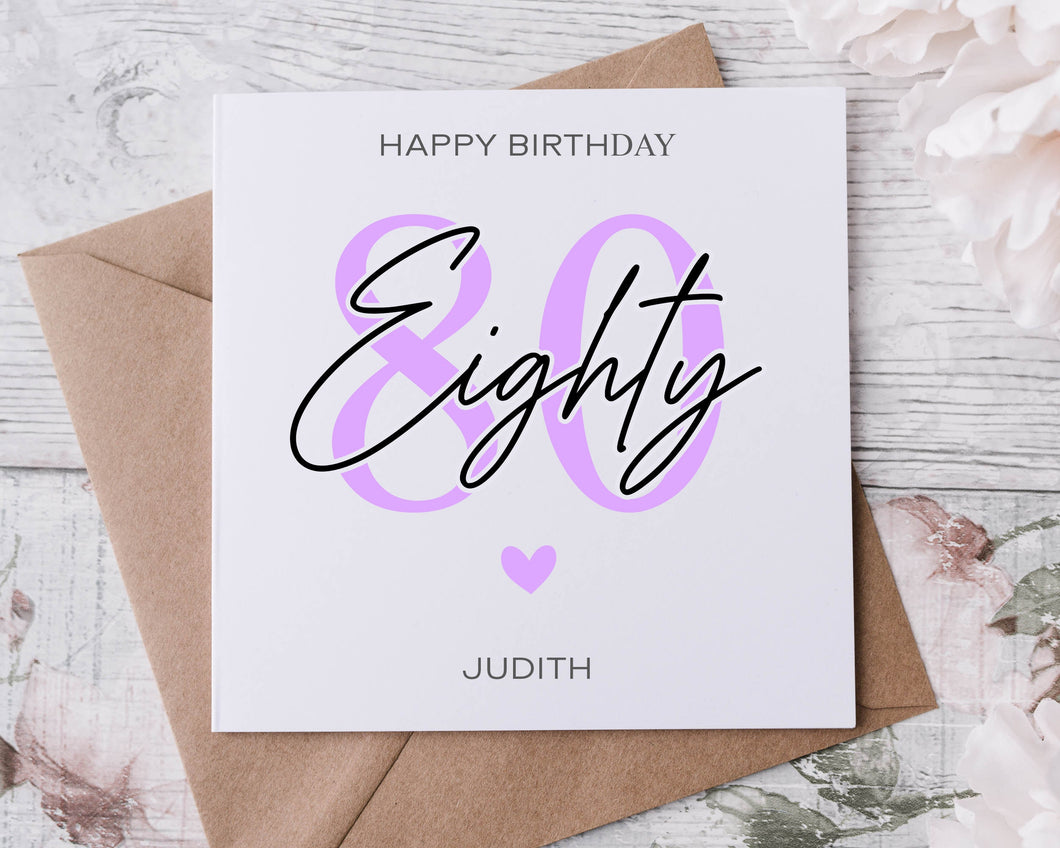 Personalised 80th Birthday Card,  Age & Name Birthday Card  Pink, Blue or Purple 16th, 18th, 21st, 30th, 40th, 50th, 60th 70th
