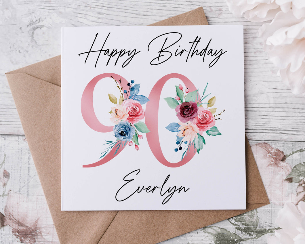 Personalised 90th Birthday Card Floral Design, Age & Name Birthday Card for Her 40th, 50th, 60th 70th, 80th, 90th
