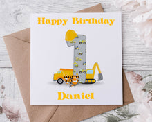 Load image into Gallery viewer, Personalised Digger 3rd Birthday Card Boys Builder Milestone Borthday  1st, 2nd, 3rd, 4th, 5th, 6th 7th, 8th, 9th, 10th
