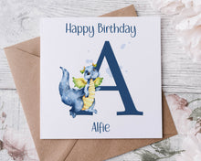 Load image into Gallery viewer, Personalised Blue Dragon Alphabet Birthday Card Boys/Girls Milestone Birthday 1st, 2nd, 3rd, 4th, 5th, 6th 7th, 8th, 9th, 10th
