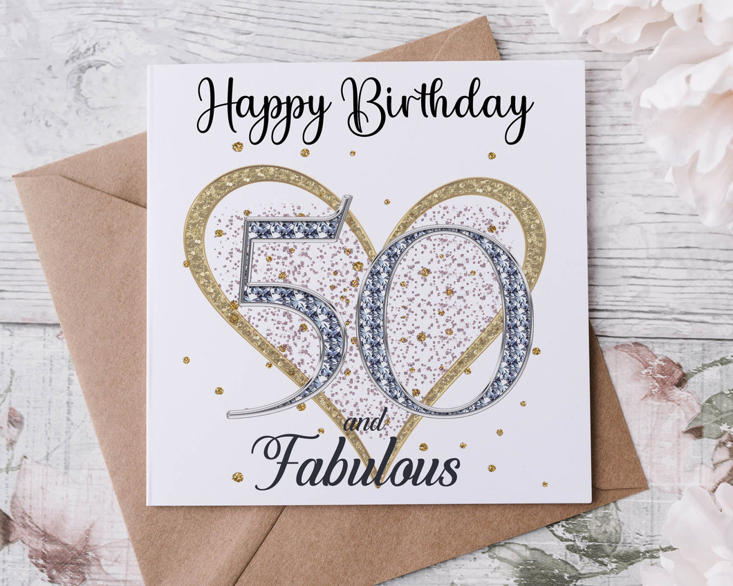 50th Birthday Card,   Heart Design 50 and Fabulous 60th, 70th Card for Her