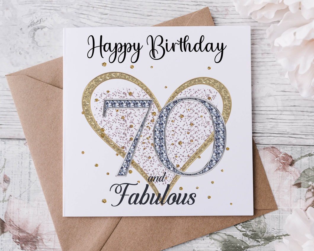 70th Birthday Card, Heart Design 70 and Fabulous 60, 70 Card for Her