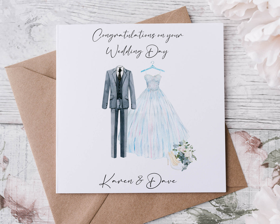 Personalised Congratulations Wedding Day Card, With Names & Date, Mr and Mrs Card Wedding Dress and Suit