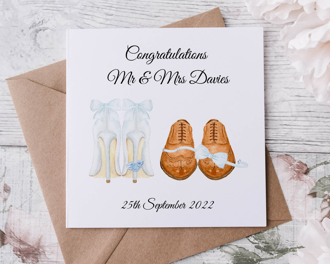 Personalised Congratulations Wedding Day Card, With Name & Date, Mr and Mrs Shoes Wedding