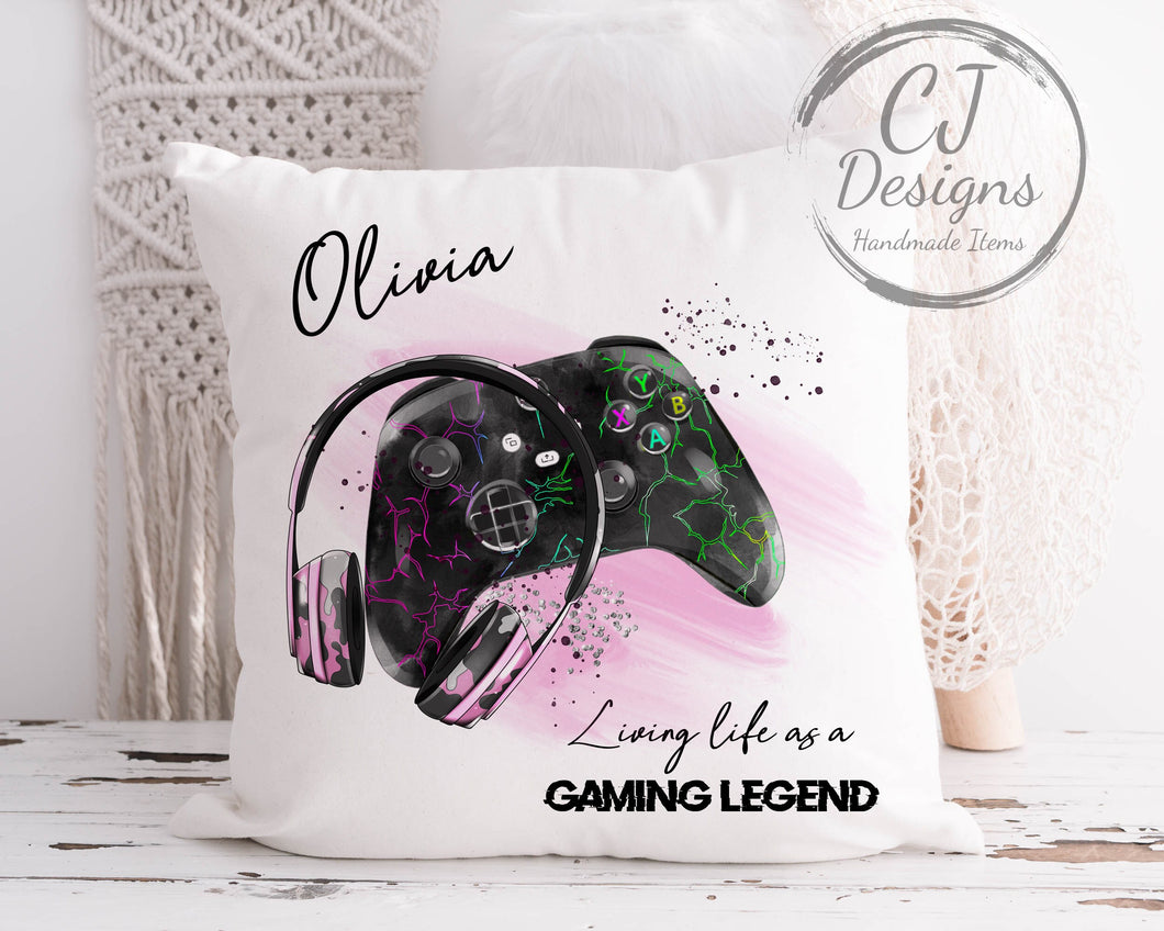 Girls Personalised Gamer Cushion White Super soft Cushion Cover Gaming Pad Contoller & Headphones Gaming Legend