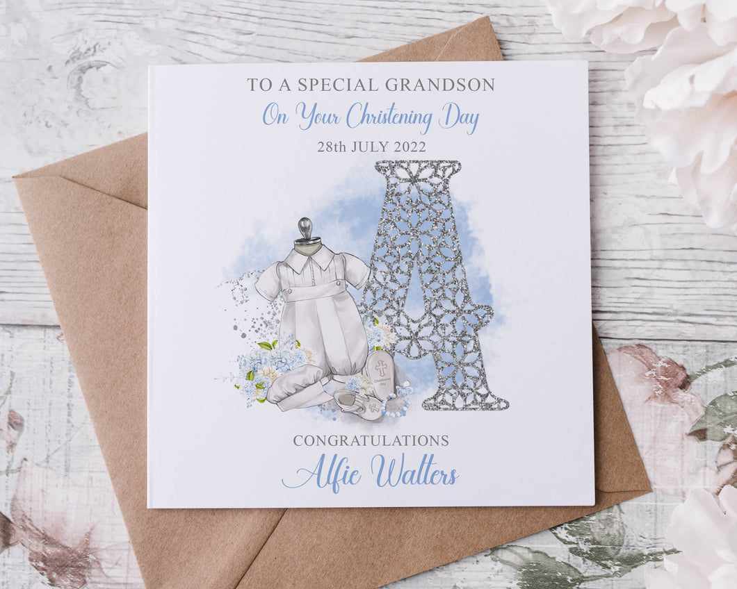 Personalised Grandson Christening Card, Initial Name and Date Greeting Card, Christening Day Keepsake