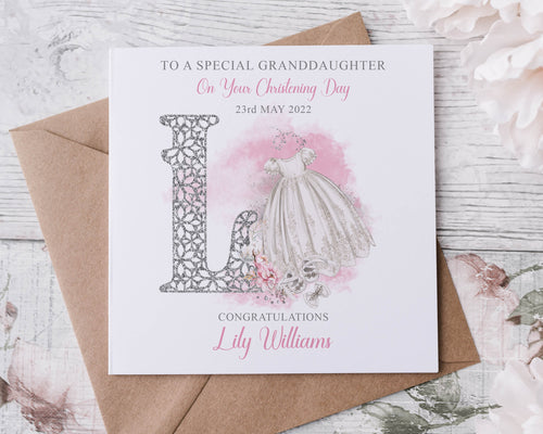 Personalised Granddaughter Christening Card, Initial Name and Date Greeting Card, Christening Day Keepsake