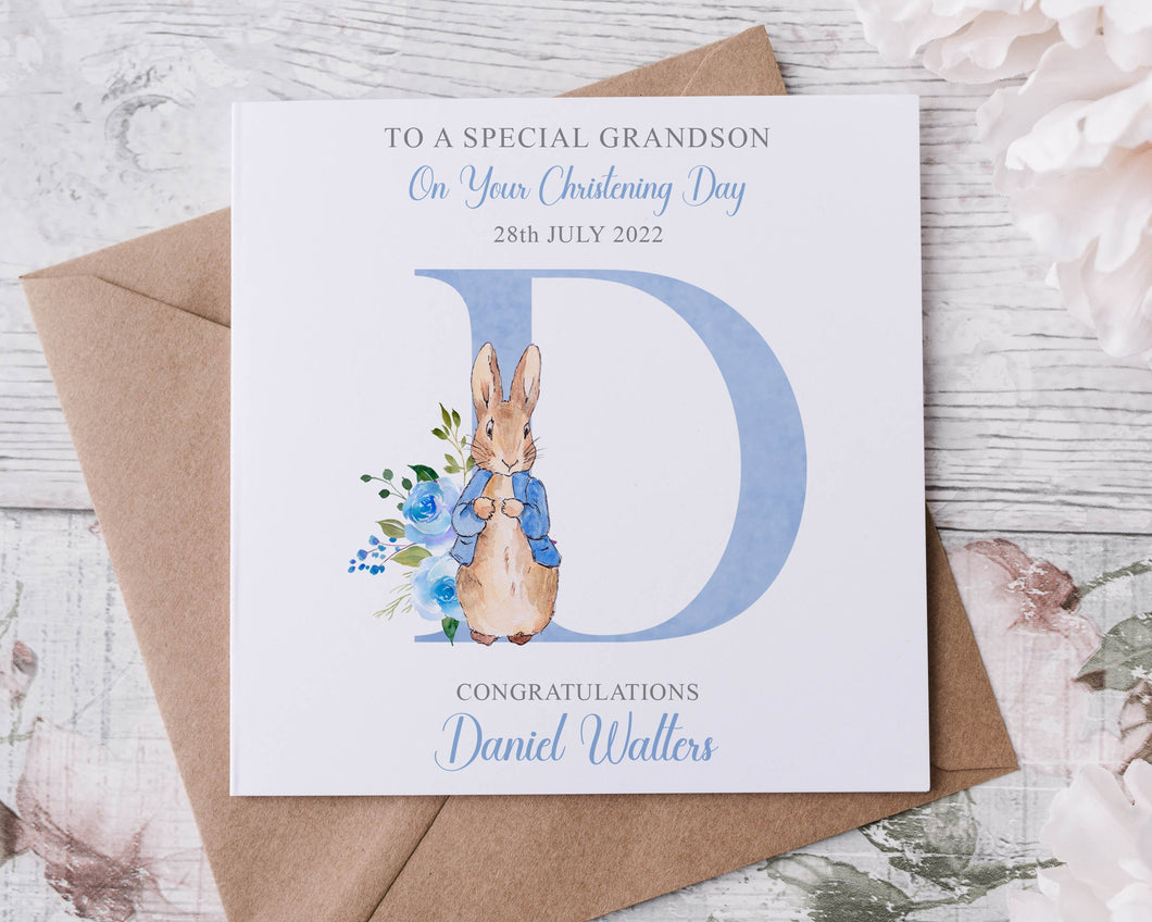 Personalised Peter Rabbit Grandson /Godson Christening Card, Initial Name and Date Greeting Card, Christening Day Keepsake