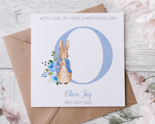 Personalised Peter Rabbit Christening Card, Initial Name and Date Greeting Card, Christening Day Keepsake