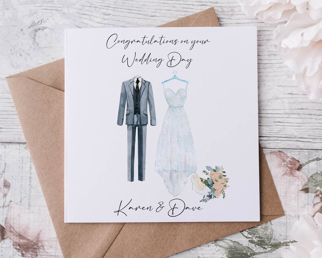 Personalised Congratulations Wedding Day Card, With Names & Date, Mr and Mrs Card Wedding Dress and Suit