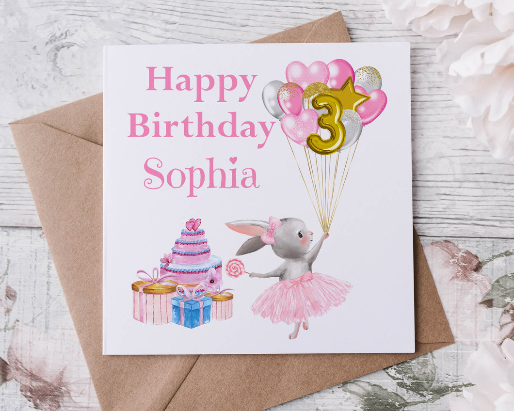 Personalised Ballerina Bunny 3rd Birthday Card Girls Milestone Birthday 1st, 2nd, 3rd, 4th, 5th, 6th