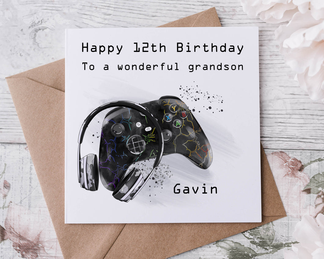 Personalised Grandson Gamer Birthday Card Medium or Large card Amazing Grandson Gaming Name and Age