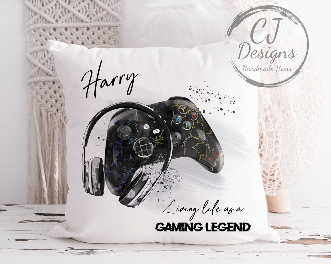 Personalised Gamer Cushion White Super soft Cushion Cover Gaming Pad Contoller & Headphones Gaming Legend