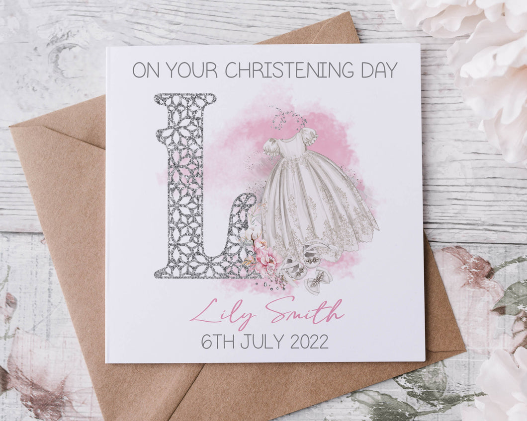 Personalised Girls Christening Card, Initial with Name and Date Greeting Card, Christening Day Keepsake