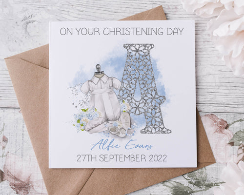 Personalised Boys Christening Card, Initial Name and Date Greeting Card, Christening Day Keepsake