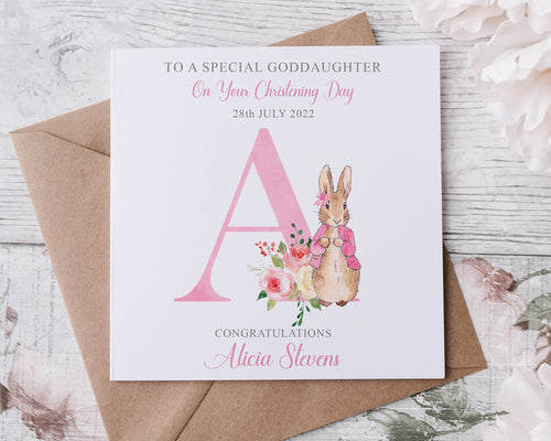 Personalised Peter Rabbit Goddaughter Christening Card, Initial Name and Date Greeting Card, Christening Day Keepsake Girls Flopsy