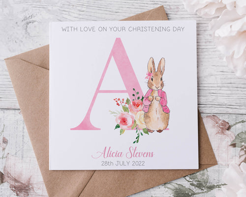 Personalised Peter Rabbit Christening Card, Initial Name and Date Greeting Card, Christening Day Keepsake Pink Flopsy Rabbit