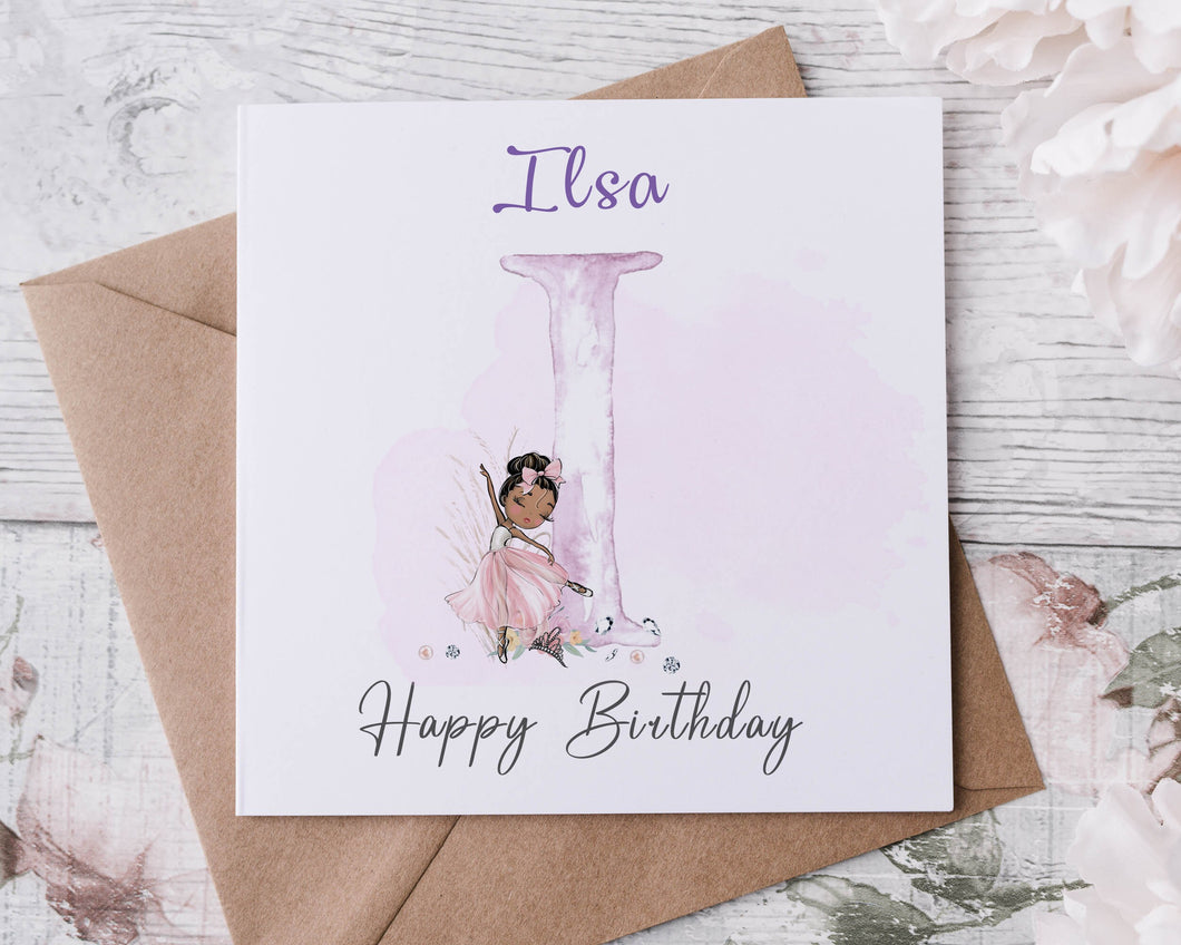 Personalised Ballerina Birthday Card Initial with Name, Girls Ballet
