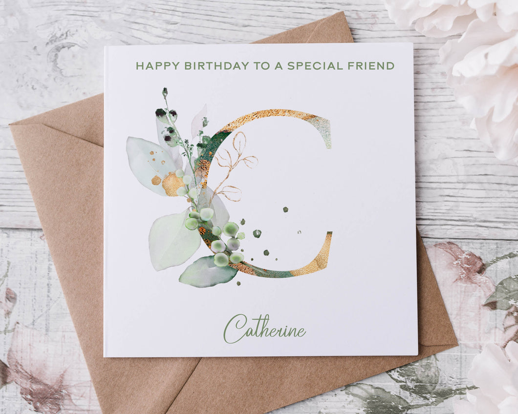 Personalised Initial Birthday Card, Name Eucalyptus birthday card, Special Friend Birthday Card, Mum, Nan, Grandma Card for Her