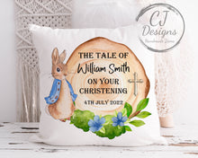 Load image into Gallery viewer, Personalised Christening Cushion Peter Rabbit Blue Water Colour White Super Soft Pillow Cover Christening Gift Keepsake Pink or Blue
