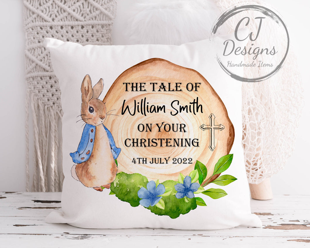 Personalised Christening Cushion Peter Rabbit Blue Water Colour White Super Soft Pillow Cover Christening Gift Keepsake Pink or Blue