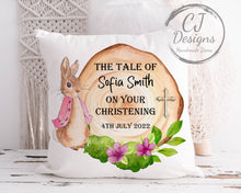 Load image into Gallery viewer, Personalised Christening Cushion Peter Rabbit Blue Water Colour White Super Soft Pillow Cover Christening Gift Keepsake Pink or Blue
